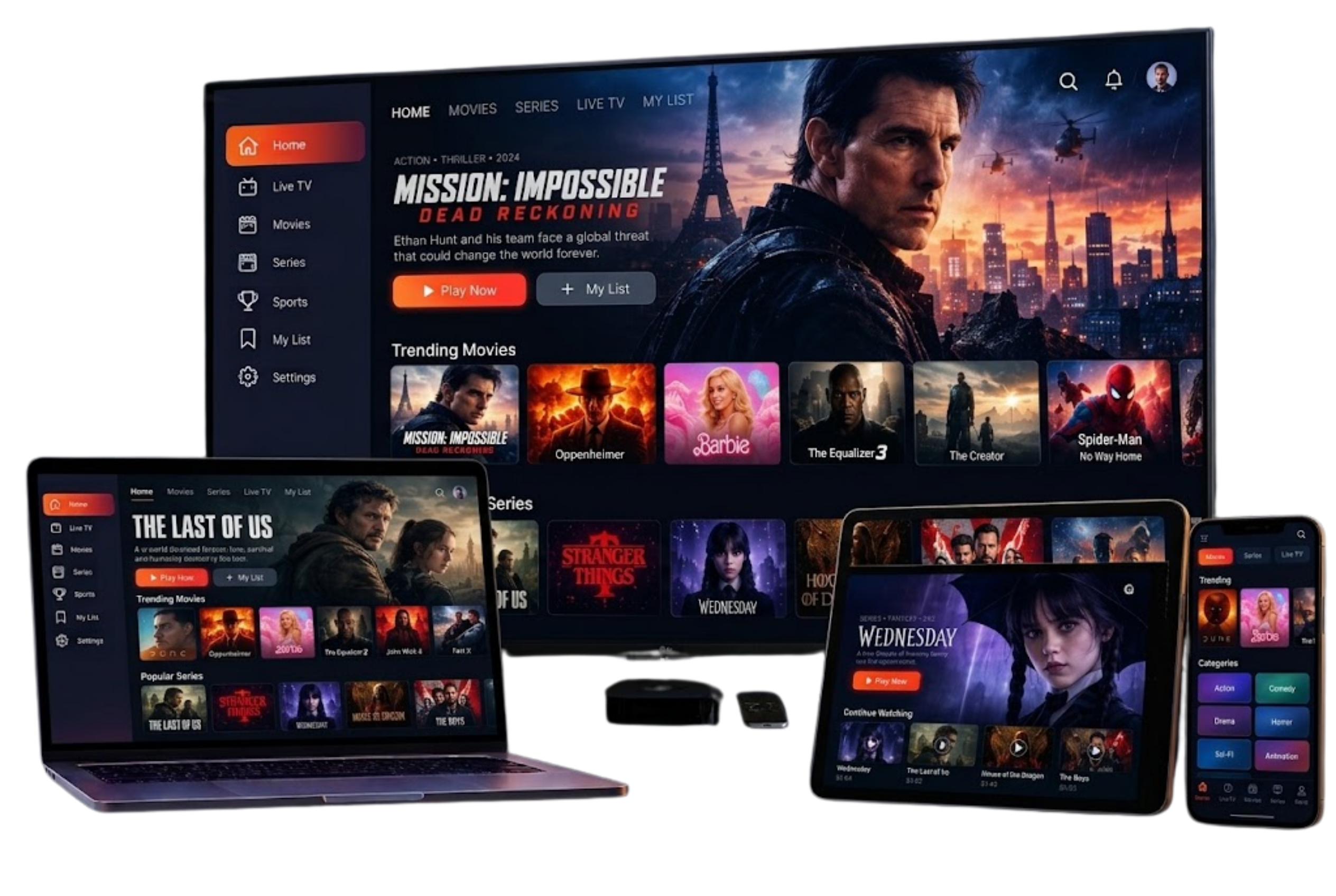 Multi-screen IPTV: PeoplesTV IPTV playing on a TV, a tablet and a smartphone at the same time